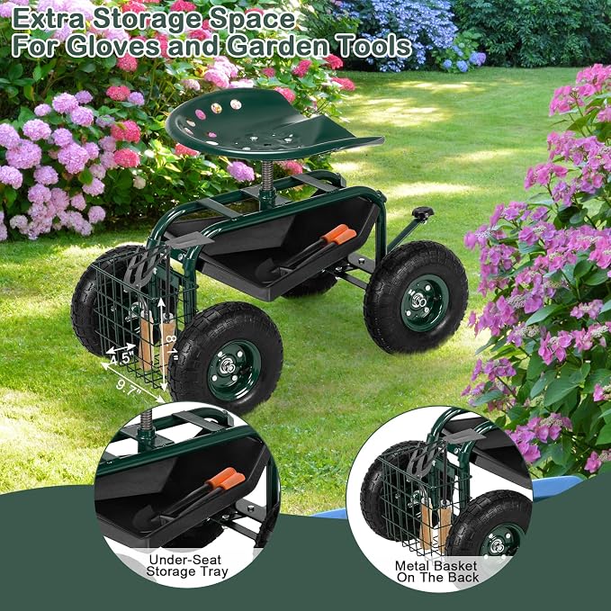 Rolling Garden Work Seat with Wheels, Gardening Stool for Planting, 360 Degree Swivel Seat, Garden Scooter with Steering Handle & Tool Tray, Garden Chair for Outdoor, Patio and Yard,Green