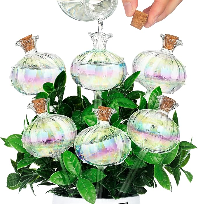 Yungyan 6 Pcs Glass Plant Watering Globes Self Watering Planter Insert Glass Water Bulbs for Indoor Plants Automatic Plant Water Devices for Indoor Outdoor Plants(Rainbow Color,9.84 Inch)