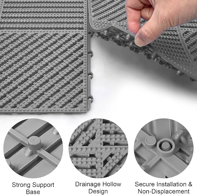 MYFAMIREA Modular Interlocking Cushion 12 Pack 11.8" x 11.8" Rubber Floor Tiles Non-Slip Splicing Drainage Mats for Deck, Pool, Shower, Patio, Balcony, Bathroom, Kitchen, Yard (2 Rows Dots, Gray)