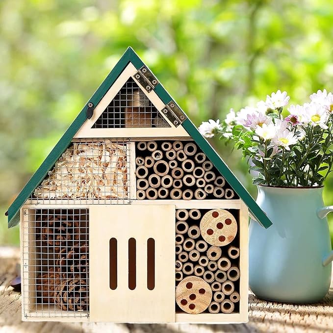 Bee House Hanging Insect Hotel – Natural Wooden Bee Hotel for Outdoors, DIY Insect Shelter for Garden, Yard, or Balcony – Attracts Pollinators Like Bees, Butterflies & Ladybugs