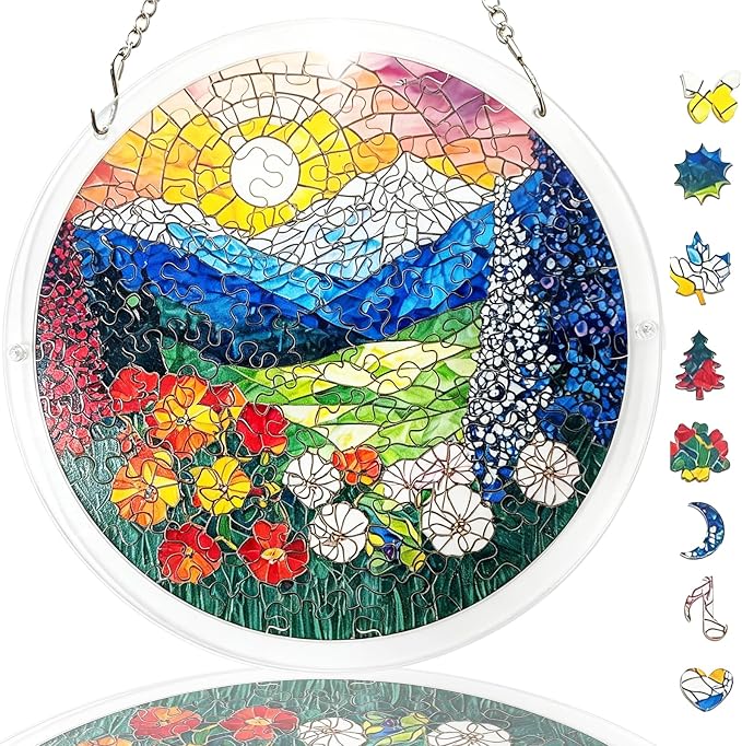 Acrylic Suncatcher Puzzle, 83 Pieces Unique Landscape Sun Catcher Puzzle Kit for Doors Garden and Window Hanging, Colorful Hanging Light Catcher Decor, DIY Suncatcher Kits for Adults, 7.4 in