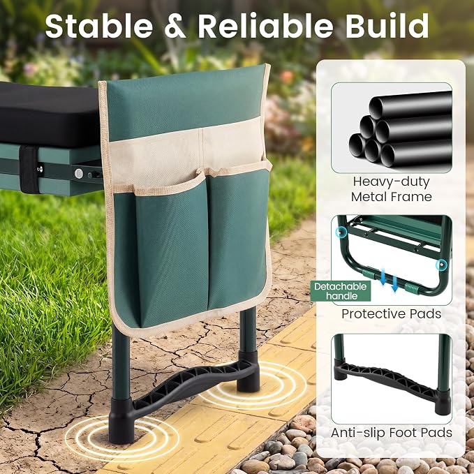 Giantex Garden Kneeler and Seat, Foldable Gardening Stool w/Wide EVA Foam Padding, Tool Pouch, Heavy-Duty Kneeling Bench for Knee & Back Pain Relief, Gardening Kit for Seniors Women Men (Green)