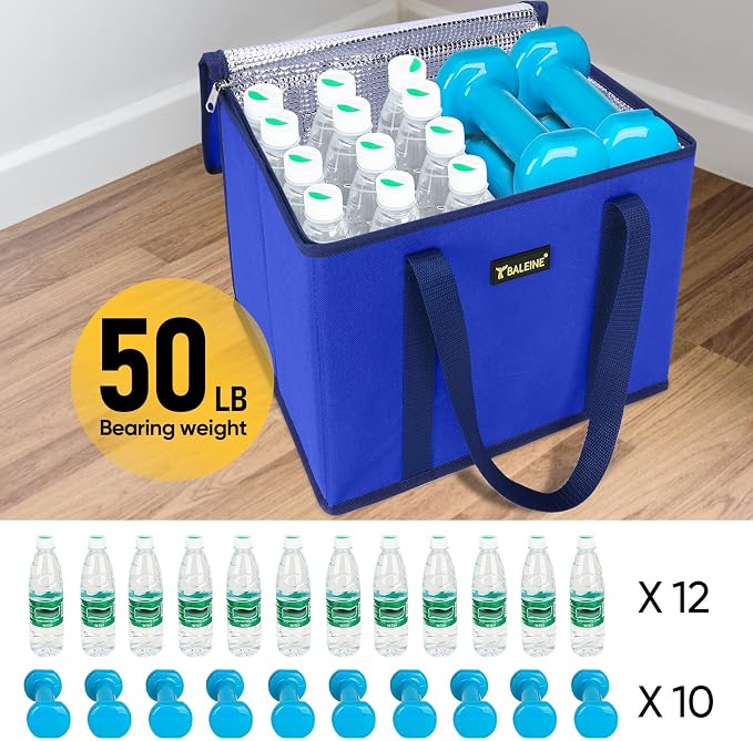 BALEINE 3Pk Insulated Reusable Grocery Bags, Foldable Shopping Bags for Groceries with Reinforced Bottom & Handles (Blue)