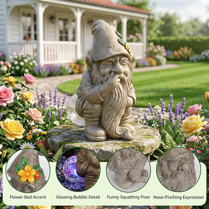 Lyeasw Solar Funny Garden Gnome Statue - Gnomes for Dad - Waterproof Outdoor Garden Sculpture Light for Yard, Porch, Patio & Balcony - Birthday Gift for Mom, Grandma & Garden Lovers