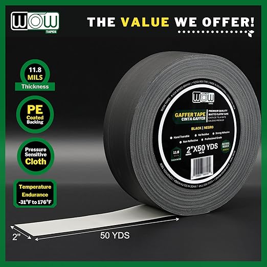 Wow Gaffers Tape 2 Inch Black - 50 Yards, Residue Free, Non-Reflective & Heavy-Duty - Professional Grade Gaff Tape - Ideal for Photography Backdrop, Cables, Cords & Floor Taping