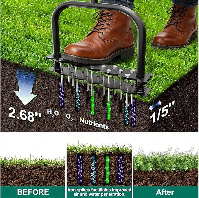 Manual Lawn Aerator Tool with 14 Iron Spikes, Spring‑Loaded Automatic Dirt & Leaf Cleaning, Height Adjustable Metal Yard Aerator for Soil Loosening & Lawn Aeration
