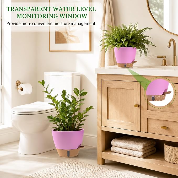 Self Watering Pots for Inoor Ourdoor Plants 10/9/8/7/6.5 Inch Plastic Planters with Drainage Holes & Water Level Indicator, Decorative House Flower Nursery Planting Pots with Saucers (Dusty Rose/Pink)