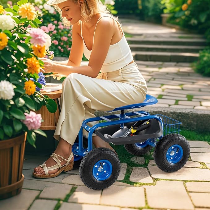Giantex Garden Workseat, 360 Swivel Rolling Seat with Wheels, Tools Basket, Gardening Cart with Seat, Adjustable Height, Wagon Scooter for Patio Lawn Yard, Outdoor Steerable Stool (Blue)