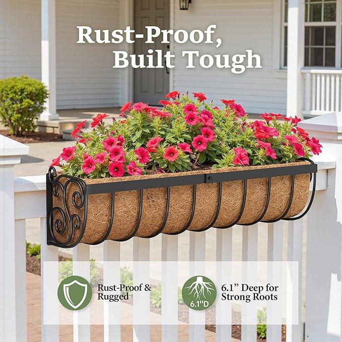 VOXOR Railing Planter Boxes, 24 Inch Window Boxes Planters, Balcony Planters with Adjustable Brackets & Coco Liner for Outdoor Fence, Deck, Porch, and Patio Gardening, 3 Pack