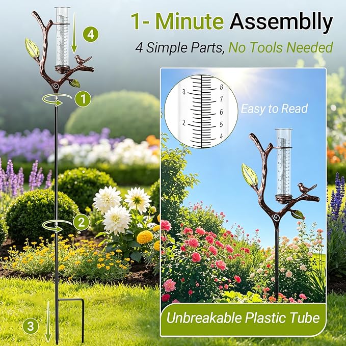 Deepfeel Branch Design Rain Gauge Outdoor – Decorative Rain Gauge for Garden Yard Patio, Easy-to-Read 7" Scale, Freeze Proof Plastic Tube with Metal Stake, Rain Gauges Outdoors Best Rated
