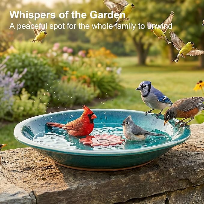 Topadorn 12.2'' Ceramic Birdbath & Birdfeeder for Small Birds Outdoors, 2" Depth Bird Bath Bowl for Vintage Garden Patio Yard Lawn Decor, Blue with Red Flower