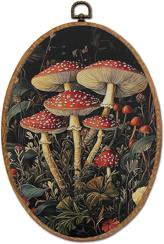 DOFQZ Vintage Mushroom Oval Wall Art Decor, Dark Botanical Cottagecore Mushroom Framed Wall Art, Gothic Moody Fungi Canvas Walls Hanging Decor for Home Bedroom Living Room, 8.5x11.5