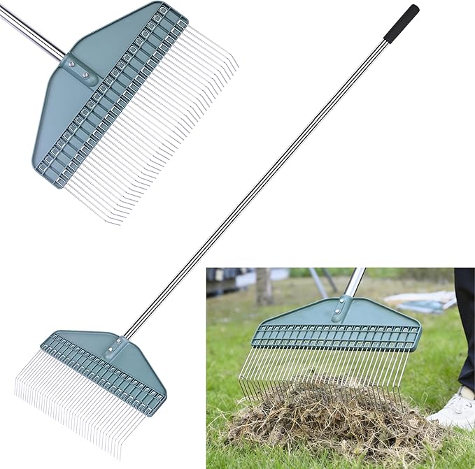 YEELOR Thatch Rake, 66" Adjustable Handle, 17" Wide Dethatcher Rake for Garden, Patio & Lawn, Cleans Dead Grass, Thatch, Pine Needles & Acorns (Right-Angle Hook)