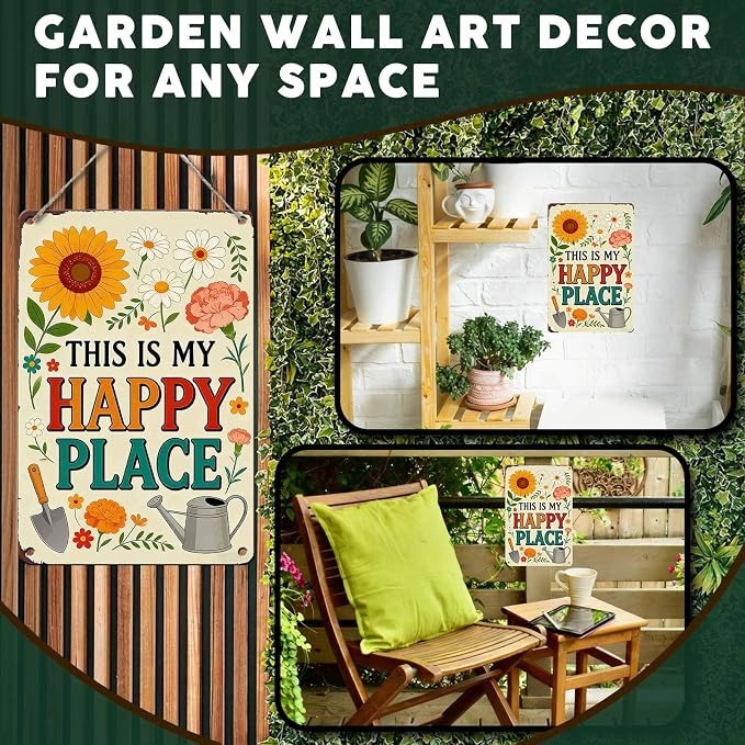 PEACHGARDEN Garden Signs This Is My Happy Place for Woman Gifts Garden Wall Decor Metal Tin Sign for Patio Yard She Shed Cabin 8x12 inch