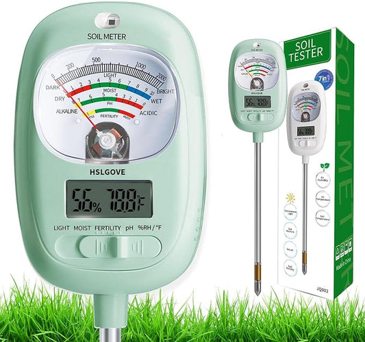 HSLGOVE Soil Test Kit, 7-in-One Soil Moisture Meter/Soil PH Meter/Fertility, Dual Screen Soil Tester w/Digital Soil Temp/Air Temp&Humidity for Plants Gardening,Lawn,Farm Indoor&Outdoor-AppleGreen