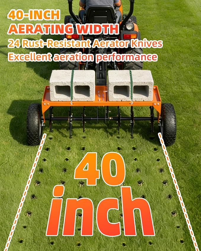 40" Tow Behind Aerator, Pull Behind Lawn Aerator Tool with Universal Hich, 24 Rust-Proof Knives & Heavy-Duty Tires, Plug Aerator for Yard & Garden Compacted Soil, Fits Lawn Tractors, ATV, UTV, Orange