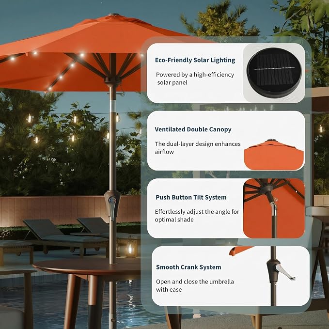 10FT Solar Umbrella 32 LED Lighted Patio Umbrella Table Market Umbrella w/Tilt and Crank, UV-Resistant Outdoor Umbrella for Pool, Garden, Deck, Terracotta