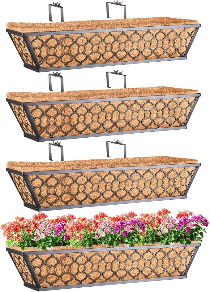 Riare 4 Pack 24 Inch Window Boxes Planters with Coco Liner, Metal Deck Railing Planter Boxes, Balcony Planters Railing Hanging, Horse Trough Window Flower Planter Boxes for Outdoor Porch Fence Patio