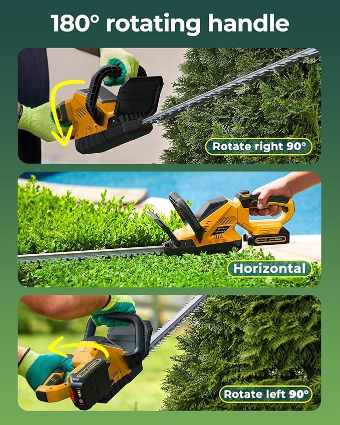20'' Hedge Trimmers Cordless with Battery, 3000RPM Brushless Electric Bush Clipper with 2pcs 2000mAh Rechargeable Batteries, 180° Rotatable Head, 2/3'' Blade Gap Yellow,Gifts for Father’s Day