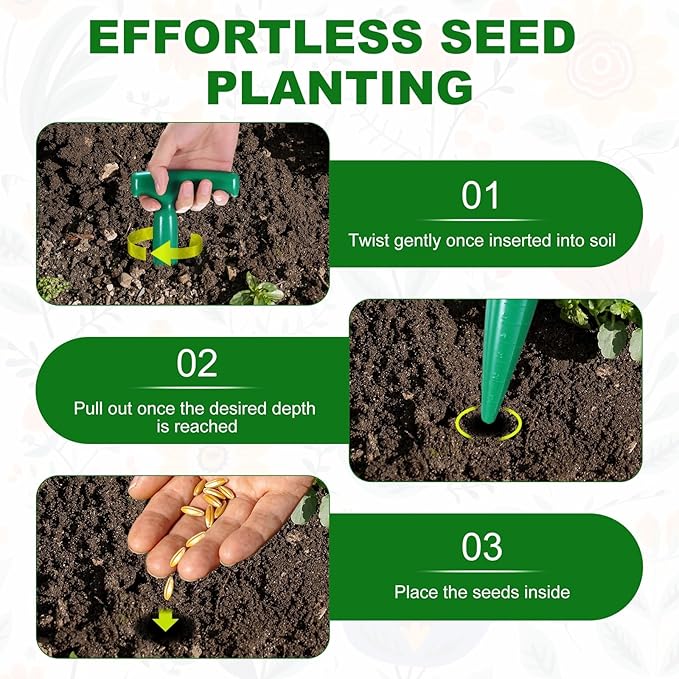 M METERXITY 1-Pack Seed Planter Tool, Plastic Hand Dibber Garden Tool with Handle for Sowing Seeds/Transplanting/Planting Bulbs, Handheld Digging Hole Punch [Dark Green]