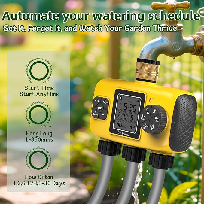 3 Zone Sprinkler Timer for Garden Hose,Garden Hose Timer with Brass Inlet,Programmable Automatic&Manual Irrigation System with LCD Display for Yard/Lawn/Pool,Rain Delay,IPX5 Waterproof