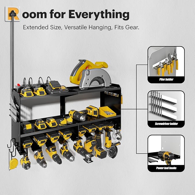Spampur Power Tool Organizer Wall Mount with Charging Station, 15 Min Assembly & Maximum 420lb Load by Heavy Duty Metal, 8 Slots for Cordless Drill, Tool Battery Holder with 6 Outlet Power Strip