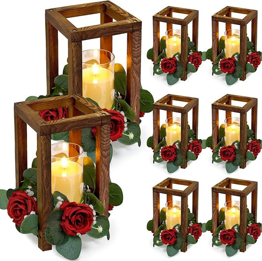 18 Pcs Wedding Wooden Lantern Centerpiece - Rustic Wooden Candle Lantern with Rose Candle Rings Wreaths LED Candles for Valentine Wedding Party Country Farmhouse Table Decor