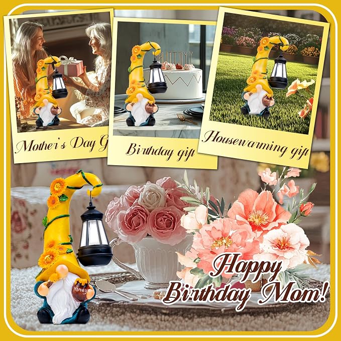 twinbling Birthday Gifts for Women Mom - Garden Gnome Statue with Solar Lights Large Garden Sculptures Funny Bee Gnome Outdoor Patio Lawn Yard Garden Decor 12 in Summer Gnomes Outdoor