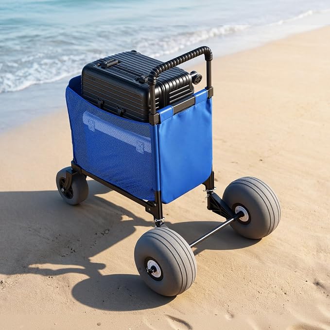 VEVOR Beach Cart, 165LBS Load Capacity, Portable Folding Beach Wagon Dolly with 12" Balloon Wheels for Sand, Storage Bag & 4-Level Adjustable Height for Outdoor Camping Fishing