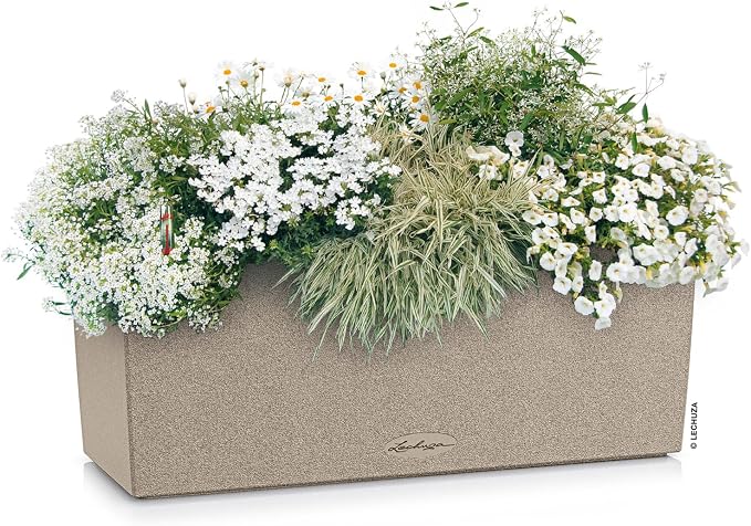 Lechuza BALCONERA Stone 50 Sand Beige, Self-Watering Window Box (Railing Planter), H7.5 L19.7 W7.5 in
