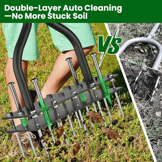 Manual Lawn Aerator Tool, Automatic Dirt and Leaf Clean Design, with 15 Iron Spikes Adjustable Height, Double-Layer Spring, for Loosening Soil Aerating Patio, Yard, Garden, (Black)
