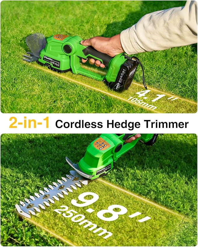TaskStar 2-in-1 Hedge Trimmer Cordless: 20V Electric Bush Trimmer & Grass Shears - 2 PCS Rechargeable Battery, SK5 Blade, Rotating Handle, Lightweight Shrub Grass Clippers for Garden Yard Lawn
