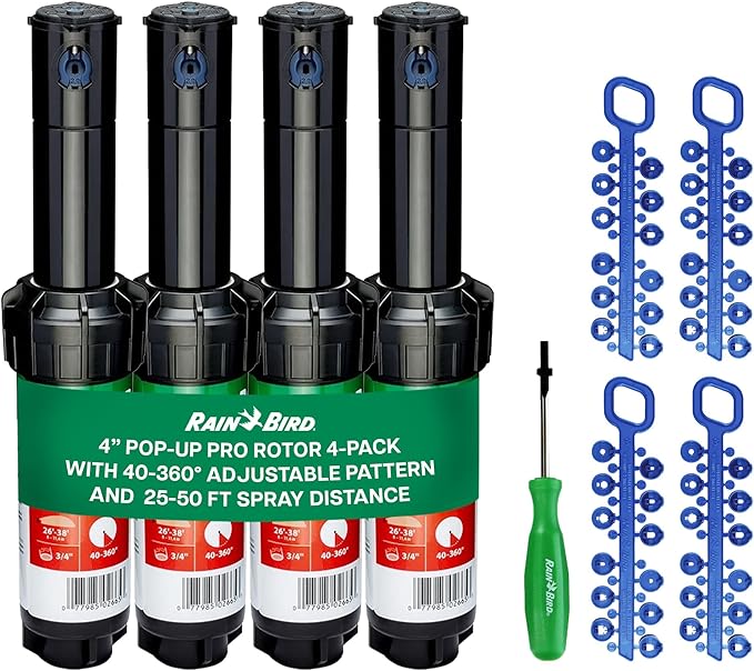 Rain Bird 5000 Rotor with Nozzle Tree 4 Pack (5000RCTREE) + Rotor Screwdriver Tool (CPRTOOL) - 3/4 inch Inlet for Water Efficient 4 inch Pop Up, Adjustable 40 - 360 Degree Arc & 25 - 50 ft Radius