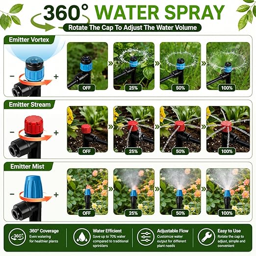 300FT Drip Irrigation System Kit, Quick Push-to-Connect Auto Garden Watering Irrigation System with 70FT 1/2'' & 230FT 1/4'' Tubing, Adjustable Dripper Sprayers for Raised Bed, Lawn, Greenhouse