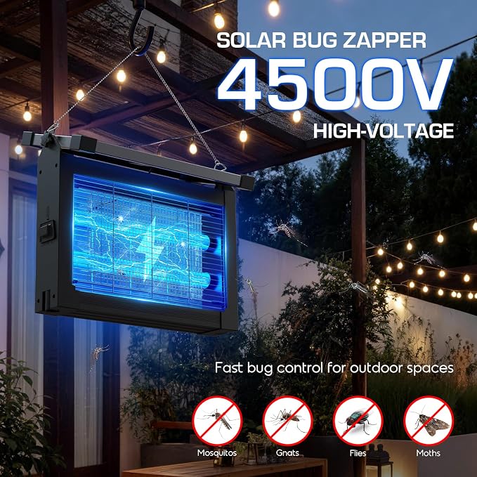 Solar Bug Zapper Outdoor with Projector Lights, 4500V Mosquito Zapper | Solar & USB Rechargeable, IPX5 Waterproof, Smart Dusk to Dawn, Cordless Insect Killer for Patio, Garden, Backyard, Camping
