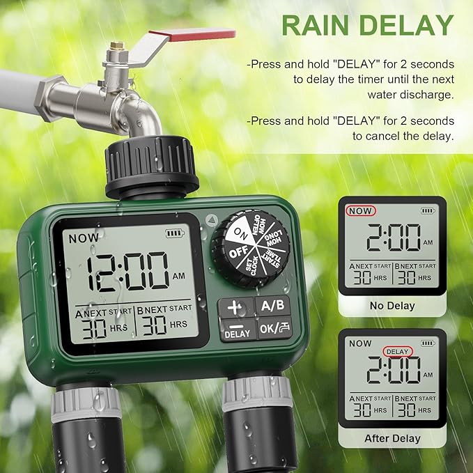 Water Timer for Outdoor Garden Hose, Sprinkler Timer for Garden Faucet with Auto/Manual/Rain Delay Mode, Sprinkler Irrigation Controller for Yard Lawn (2 Zone Plastic Inlet)