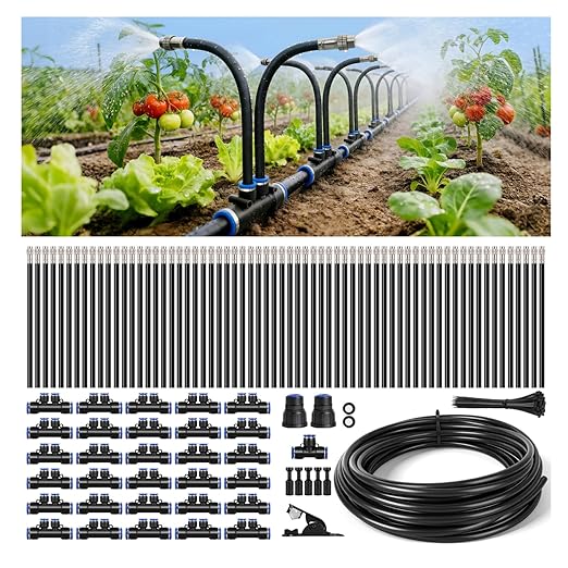 100Ft 1/2" Tubing High-Flow Drip Irrigation System, 360° Adjustable Garden Watering System with 60 Nozzles, Dual-Side Watering Kit for Raised Beds, Greenhouses & Efficient Plant Irrigation