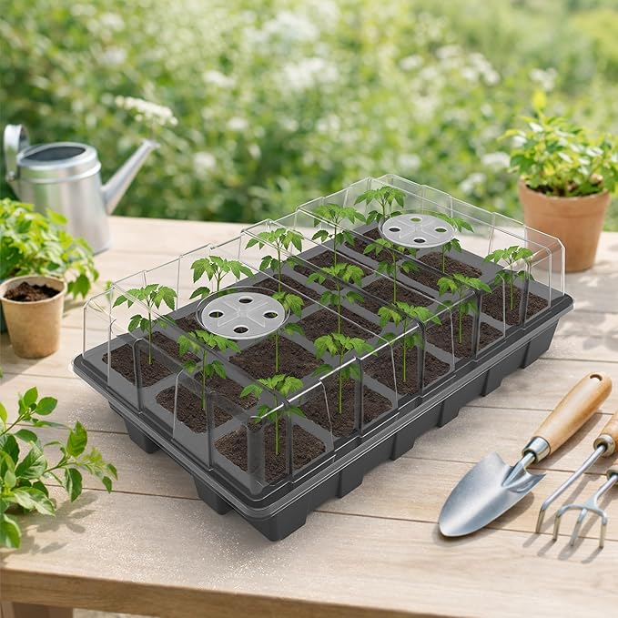 Gardzen 10-Pack Seed Starter Kits, Reusable Plant Germination Trays with Total 150-Cell, Seed Starter Tray with Humidity Vented Domes and Bases for Starting Vegetable Flower Herb Seeds 15" x 9", Black