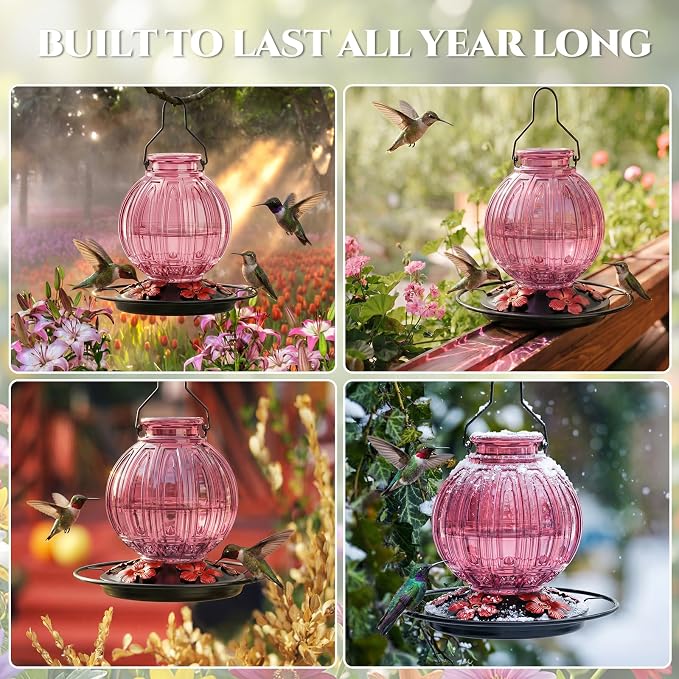 2 Pack Glass Hummingbird Feeder for Outdoors Hanging, Bird Nectar Feeder with Perch & 5 Flower Feeding Ports, 26 Oz Leak Proof for Outside Garden Decor Backyard, Gifts for Women Mom, Red + Pink