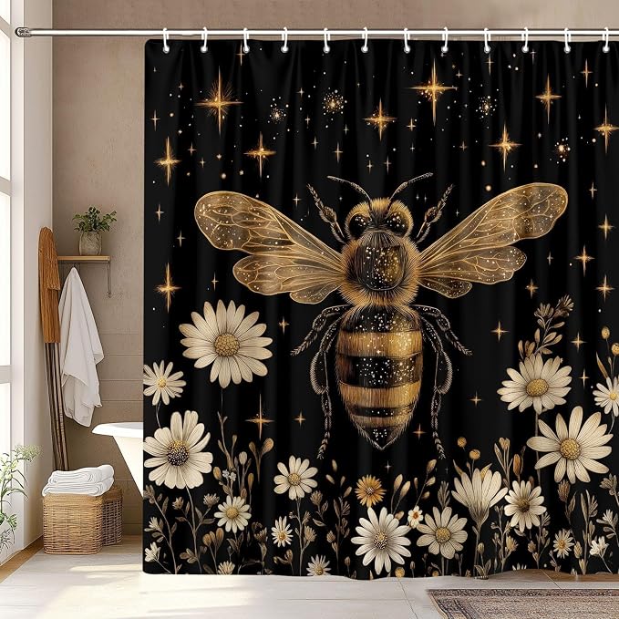 Vintage Boho Shower Curtain Black and Gold Floral Bathroom Aesthetic Decorative, Funny Rustic Bee Daisy Flowers Witchy Eclectic Chic Farmhouse Shower Curtains with Hooks, 72X84 Inch Yellow
