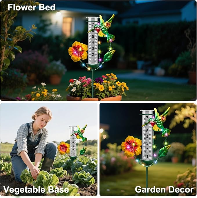 shumi Rain Gauge Outdoor - Solar Hummingbird Rain Gauges with LED Solar Lights, Freeze Proof Adjustable Height, Metal Water Gauge for Yard Garden Decor, Gardening Gifts for Women