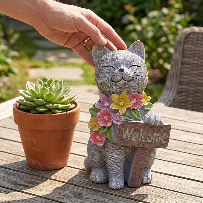 Solar Cat Garden Statue for Outdoor Decor, Cat Solar Light with Flowers, Resin Welcome Cats for Garden, Yard, Lawn Decor, Cats Lover Gifts for Women