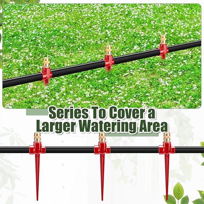 Tioncy 4 Pack Metal Lawn Sprinkler Automatic Garden Water Sprinkler on Spike Base 360 Degree Rotation with Adjustable Brass Nozzle for Lawn Garden Yard (Red)