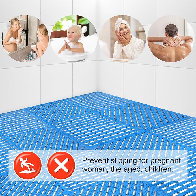 MYFAMIREA Modular Interlocking Cushion 12 Pack 11.8" x 11.8" Rubber Floor Tiles Non-Slip Splicing Drainage Mats for Deck, Pool, Shower, Patio, Balcony, Bathroom, Kitchen, Yard (Diagonal, Blue)
