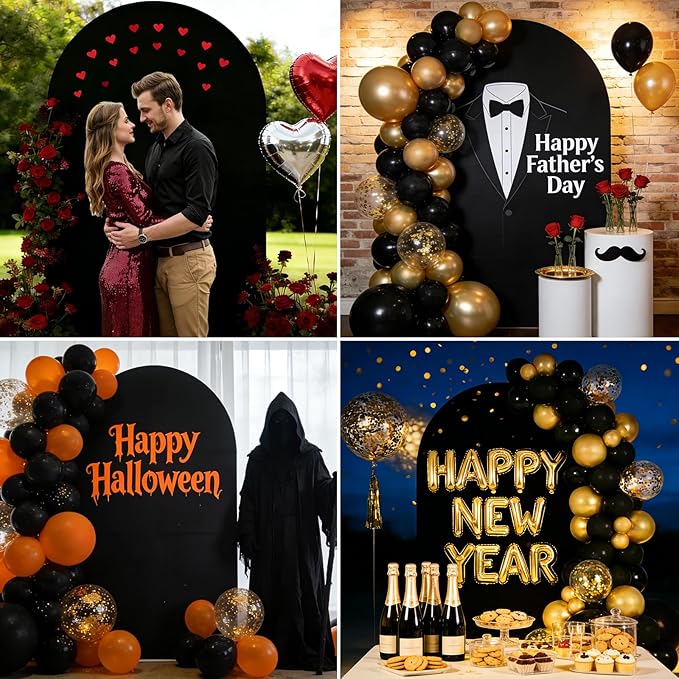 Metal Arch Backdrop Stand and Cover Set, 7.2FT Gold Wedding Backdrop Arch Frame Stand with Cover, Balloon Arch Stand with Black Arch Cover for Party Birthday Baby Shower Graduation Decorations