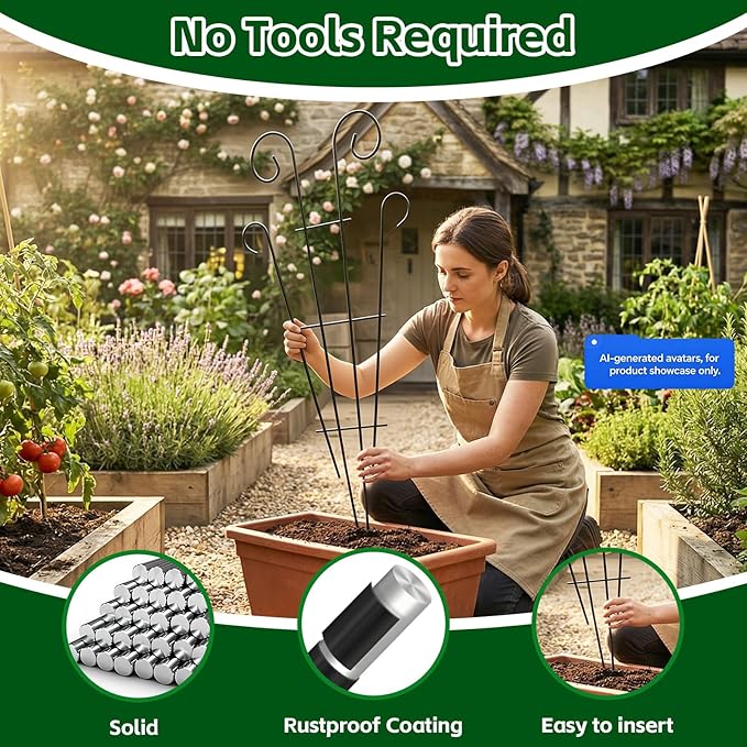 Thealyn 4 Pack 43 Inch Plant Trellis for Potted Plants, Metal Garden Trellis for Climbing Plants, Indoor Outdoor Decorative Vine Support for Pots, Wave Shape, Black