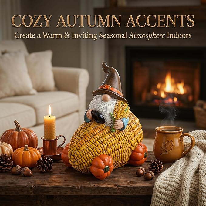 Topadorn Fall Gnome Corn Car Figurine, Resin Harvest Gnome Statue with Pumpkin Wheels, Thanksgiving Table Decoration, Farmhouse Autumn Decor for Indoor & Outdoor