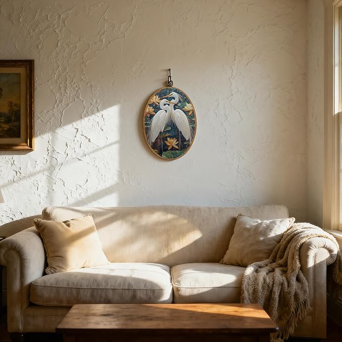 DOFQZ Vintage Chinoiserie Egret Couple Oval Wall Art Decor, Japandi Japanese Crane Egret Framed Wall Art, Spring Waterlily Bird Walls Hanging Decor for Home Bedroom Living Room, 8.5x11.5 Inch