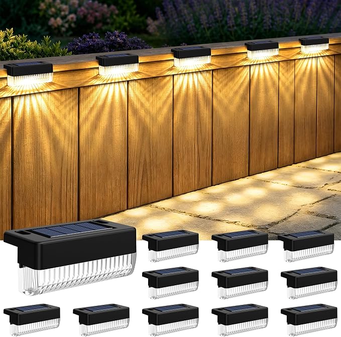 Solar Deck Lights Outdoor 12 Packs, Solar Powered LED Step Lights Waterproof Outdoor for Deck, Step, Fence, Wall, Patio, Yard, Pool, Pathway and Stairs (Warm White)