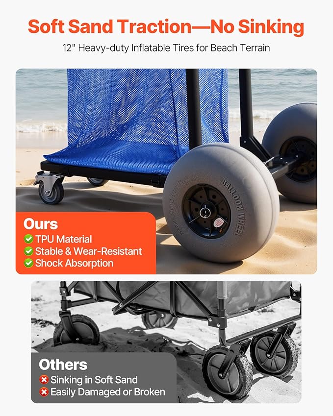 VEVOR Beach Cart with Large Wheels for Sand, 165 lbs Load Capacity, Heavy Duty Folding Beach Wagon with 12" Balloon Wheels, Storage Bag, 180° Adjustable Handlebar, Dolly for Camping Fishing Garden